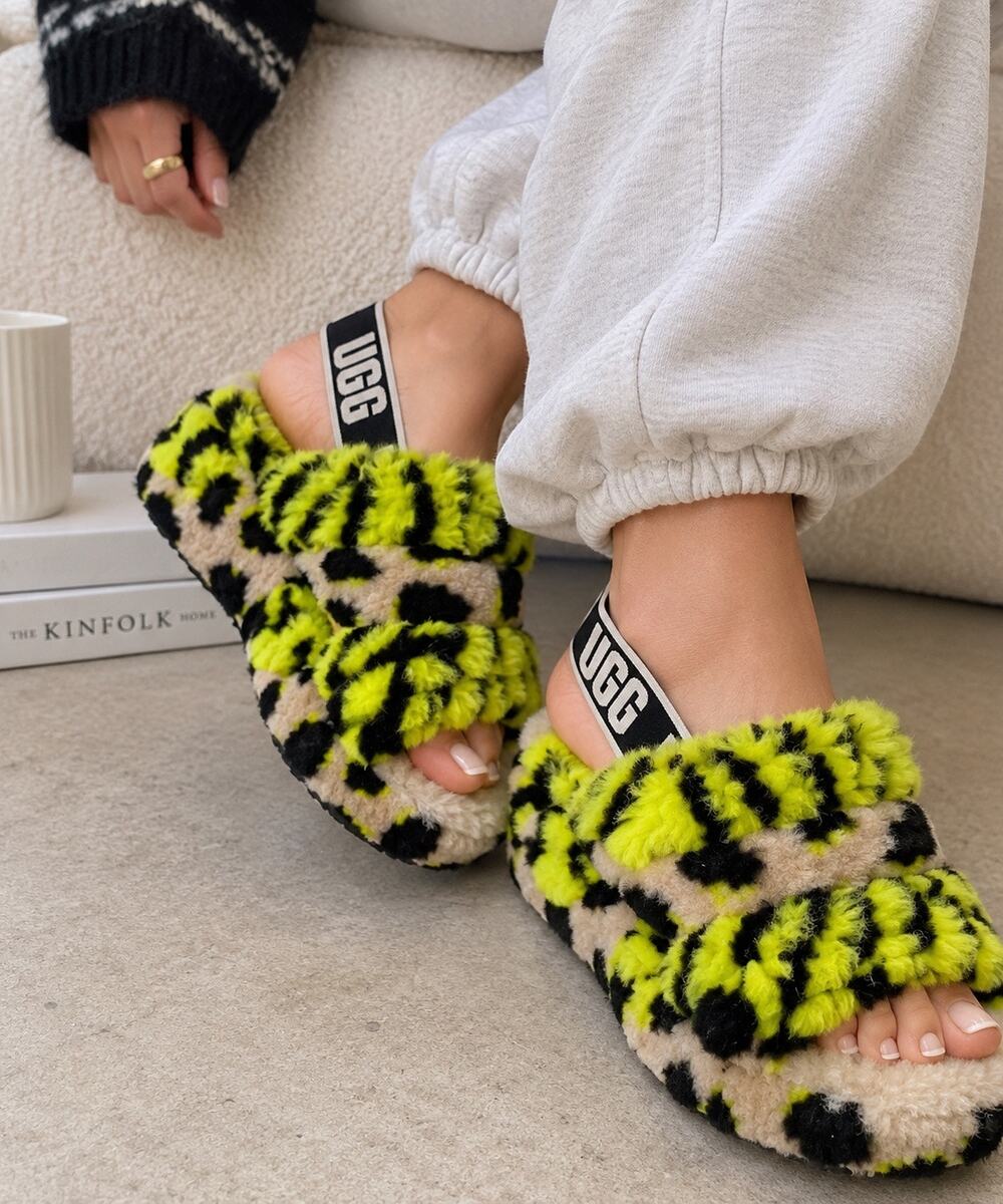UGG Fluff Yeah Animalia Key Lime Leopard Fuzzy Platform Slide Slippers Women’s 6
